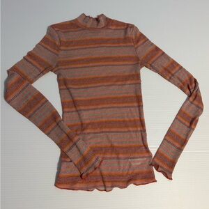 Urban Outfitters Sheer Metallic Pink Orange Stripe Ribbed Mock Neck Top Medium